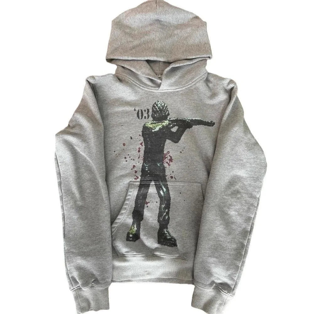 Grey Sports Pullover Hoodie 2025 New Retro Printed Y2K Street Men and Women Fashion Classic Hip Hop Loose Personality Top