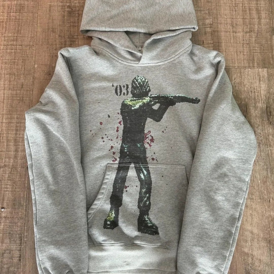 Grey Sports Pullover Hoodie 2025 New Retro Printed Y2K Street Men and Women Fashion Classic Hip Hop Loose Personality Top