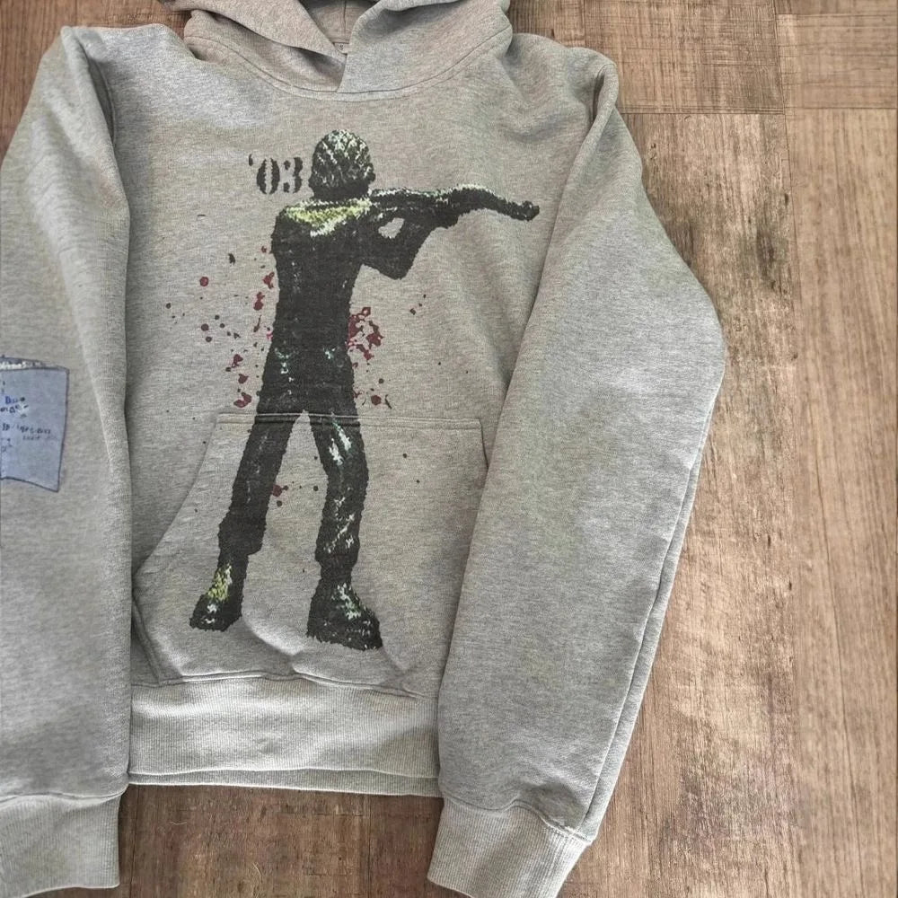 Grey Sports Pullover Hoodie 2025 New Retro Printed Y2K Street Men and Women Fashion Classic Hip Hop Loose Personality Top