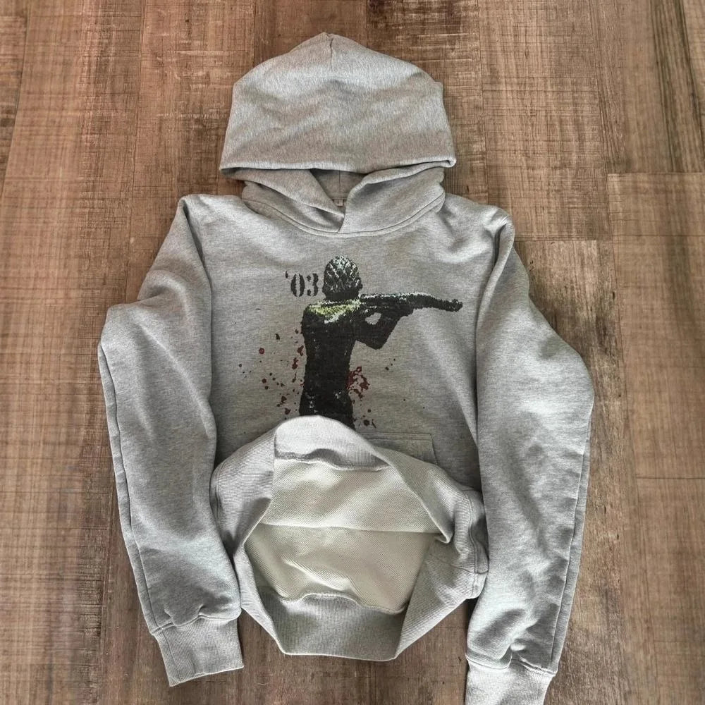 Grey Sports Pullover Hoodie 2025 New Retro Printed Y2K Street Men and Women Fashion Classic Hip Hop Loose Personality Top
