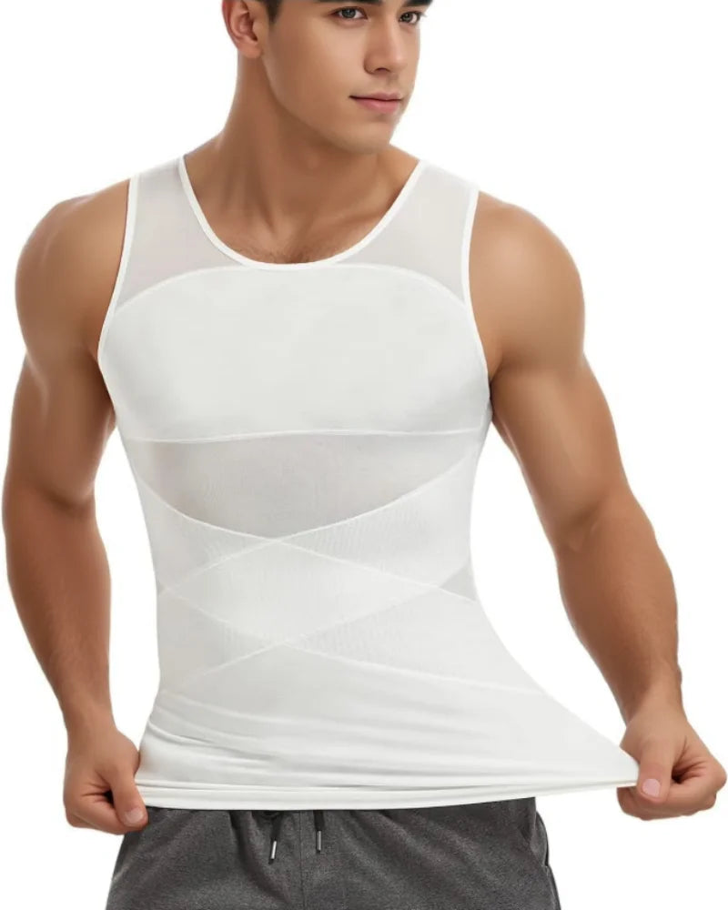 Maillot de compression pour homme, gaine sculptante pour poitrine et abdomen, débardeur amincissant de sport.